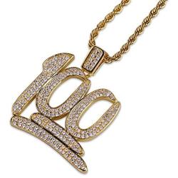 JINAO Hip Hop Iced Out CZ 100 Pendant Necklace with 24'' Stainless Steel Rope Chain for Men