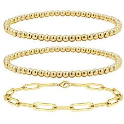 Reoxvo 18K Gold Plated Bracelets for Women | Stainless Steel Gold Beaded Stretch Bracelets Set