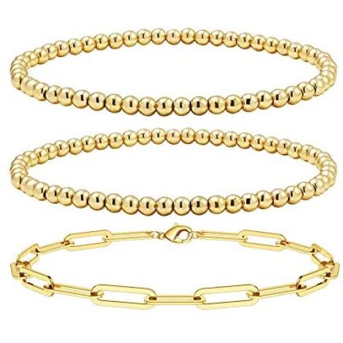 Reoxvo 18K Gold Plated Bracelets for Women | Stainless Steel Gold Beaded Stretch Bracelets Set