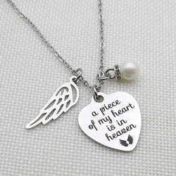 Memorial Jewelry A Piece of My Heart is in Heaven Necklace Angel Wing Stainless Steel Necklace Memorial Gift