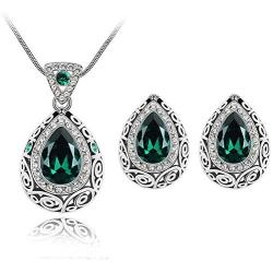 AILUOR Fashion Waterdrop Crystal Jewelry Set, Retro Vintage Celtic Knot Waterdrop Green Gemstone Water Drop Pendant Necklace Stud Earrings Jewelry Set for Women Mother Bridal Wedding