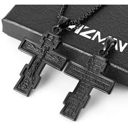 HZMAN Vintage Orthodox Cross Crucifix Stainless Steel Pendant Necklace 22+2 Inches Chain, Colour Silver Gold Black