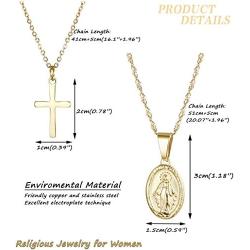 Finrezio 14K Gold-Plated Catholic Christian Jewelry Cross and Virgin Mary Pendant Necklace for Women Multilayer Necklace Set