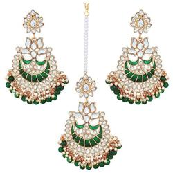 Aheli Indian Ethnic Faux Kundan Beaded Red Enamel Maang Tikka Earrings Set Wedding Fashion Jewelry for Women