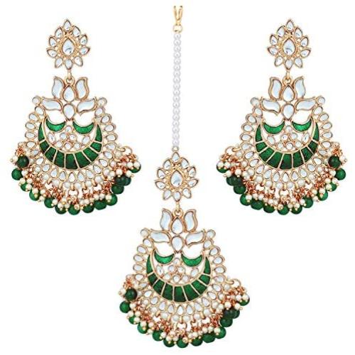 Aheli Indian Ethnic Faux Kundan Beaded Red Enamel Maang Tikka Earrings Set Wedding Fashion Jewelry for Women