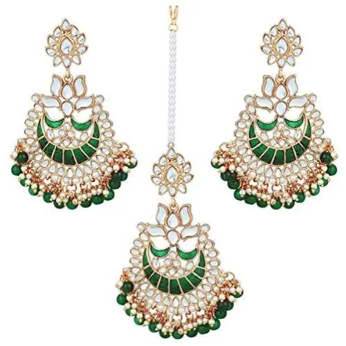 Aheli Indian Ethnic Faux Kundan Beaded Red Enamel Maang Tikka Earrings Set Wedding Fashion Jewelry for Women Aheli Indian Ethnic Faux Kundan Beaded Red Enamel Maang Tikka Earrings Set Wedding Fashion Jewelry for Women