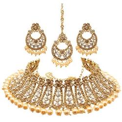 Bindhani Womens Indian Jewelry Heavy Look Bridal Wedding Party Wear Crafted Brides Fashion Gold Plated Kundan Choker Necklace Earrings Tikka Bollywood Style Jewellery Tika Set for Bridemaids