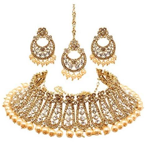 Bindhani Womens Indian Jewelry Heavy Look Bridal Wedding Party Wear Crafted Brides Fashion Gold Plated Kundan Choker Necklace Earrings Tikka Bollywood Style Jewellery Tika Set for Bridemaids