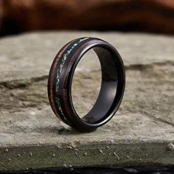 King Will 8mm Black Tungsten Carbide Wedding Band Acacia Mangium Opal Inlay Deisgn with Polished Edge