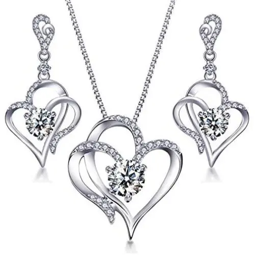 VAN RORSI&MO Jewelry Set - 14k White Gold Plated Heart Necklace and Earring Sets for Women 5A Cubic Zirconia Jewelry Sets for Women