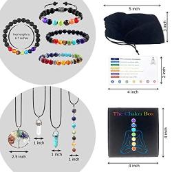 The Chakra Box - Chakra Necklace & Jewelry Complete Kit Essential Oil Lava Stone Bracelets & Gemstone Healing Crystal Necklaces l 7 Piece Complete Kit