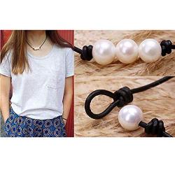 Shegirl Pearl Choker Necklace Handmade Genuine Leather Necklace Boho Pearl Necklace Jewelry for Women and Girls (Three pearls)