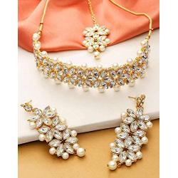 Aheli Faux Stone Studded Wedding Party Wear Bridal Choker Necklace with Maang Tikka Set Indian Traditional Fashion Jewelry for Women