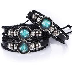 zodiac bracelet for men,Stainless Steel Personality Vintage Punk Black Leather Bracelets for Men Women