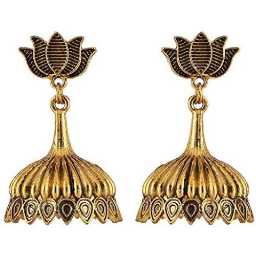 Saissa Gold Tone Oxidised Metal Bollywood Lightweight Small Jhumka Boho Earrings Indian Jewelry for Women
