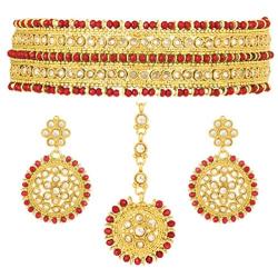 Aheli Indian Wedding Wear Polki Stone Beaded Choker Necklace with Maang Tikka Set Ethnic Fashion Jewelry for Women