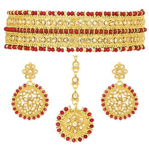 Aheli Indian Wedding Wear Polki Stone Beaded Choker Necklace with Maang Tikka Set Ethnic Fashion Jewelry for Women
