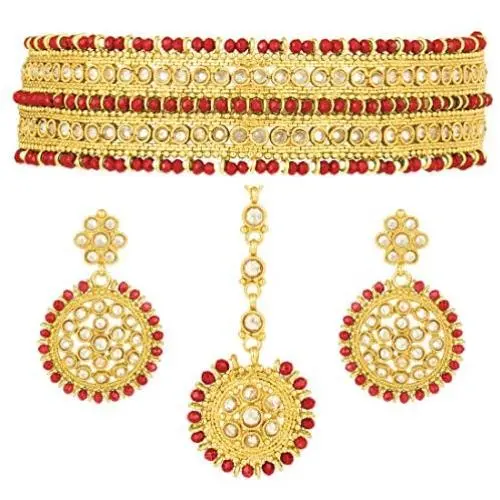 Aheli Indian Wedding Wear Polki Stone Beaded Choker Necklace with Maang Tikka Set Ethnic Fashion Jewelry for Women