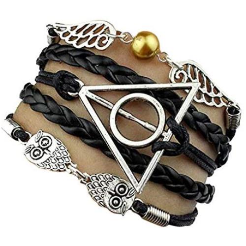 Handcrafted Harry Potter Bracelet, Antique Silver Harry Potter, Owls, Wings Charm Black Leather Bracelet Wristband Jewelry Gift