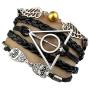Handcrafted Harry Potter Bracelet, Antique Silver Harry Potter, Owls, Wings Charm Black Leather Bracelet Wristband Jewelry Gift