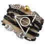 Handcrafted Harry Potter Bracelet, Antique Silver Harry Potter, Owls, Wings Charm Black Leather Bracelet Wristband Jewelry Gift Handcrafted Harry Potter Bracelet, Antique Silver Harry Potter, Owls, Wings Charm Black Leather Bracelet Wristband Jewelry Gift