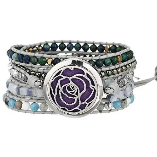 Aromatherapy Essential Oil Diffuser Bracelets, Stainless Steel Locket Stone Bead Wrap Leather Bracelet with 7 Color Felt Pads Aromatherapy Essential Oil Diffuser Bracelets, Stainless Steel Locket Stone Bead Wrap Leather Bracelet with 7 Color Felt Pads