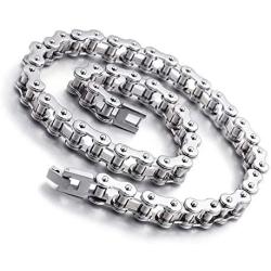 Qiaonitu 11mm Punk Bike Motorcycle Necklace Men 316L Stainless Steel Motor Bicycle Biker Chain Long Necklace Jewelry Silver 21.65-28inch