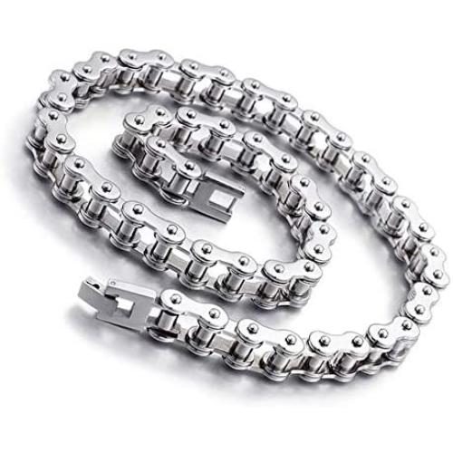 Qiaonitu 11mm Punk Bike Motorcycle Necklace Men 316L Stainless Steel Motor Bicycle Biker Chain Long Necklace Jewelry Silver 21.65-28inch