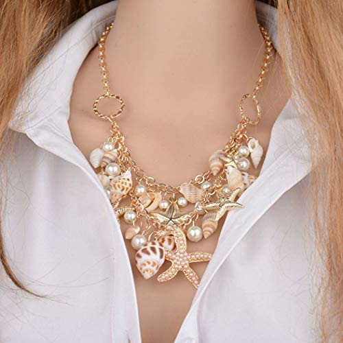 Simsly Boho Pearl Necklace Gold Shell Pendant Necklaces Chain Starfish Jewelry for women and Girls