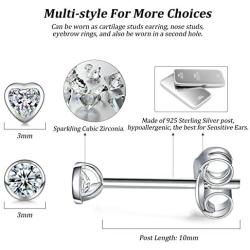 Sterling Silver Stud Earrings for Women Men, 3 Pairs Small Heart Shaped Drop Earrings | Round Cubic Zirconia Stud Earrings Set Dainty Cartilage Earring Tragus Piercing Dangler Jewelry for Girls Lady