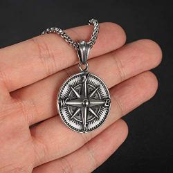 HIJONES Mens Stainless Steel Round Compass Pendant Necklace Vintage Chain, Chain Included