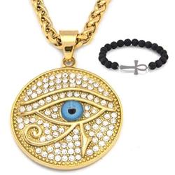 GUNGNEER Iced Out Eye of Horus Egypt Protection Pendant Stainless Steel Necklace Ancient Egyptian Jewelry Talisman