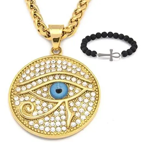 GUNGNEER Iced Out Eye of Horus Egypt Protection Pendant Stainless Steel Necklace Ancient Egyptian Jewelry Talisman GUNGNEER Iced Out Eye of Horus Egypt Protection Pendant Stainless Steel Necklace Ancient Egyptian Jewelry Talisman