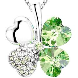 NEVERMORE Shimmering Shamrock Green Four Leaf Clover Crystal Pendant Necklace with Silver Chain for St Patricks Day