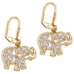 18K Yellow Gold Plated Two Tone Filigree Elephant Drop Earrings (38x17.5mm)