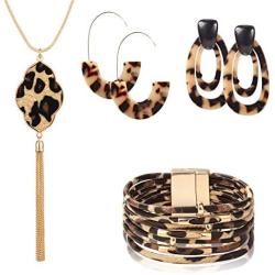 LOYALLOOK 4Set Leopard Jewelry Set Leopard Bracelet Acrylic Hoop Earring Statement Leopard Long Tassel Pendant Necklace for Women