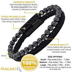 MagnetRX® Hematite & Leather Magnetic Therapy Bracelet - MAX Strength Natural Pain Relief and Healing Stones - Beaded Magnetic Hematite Bracelets (Medium)