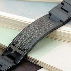 Flongo Mens Vintage Stainless Steel Black Cross English Bible Lords Prayer Link Wrist Bracelet for Men