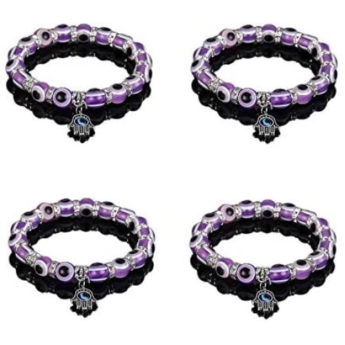 Caiyao 4 Pcs Evil Eye Bead Bracelet Hamsa Hand Fatima Beaded Charm Bracelets Blue Eye Stretch Amulet Bracelets Turkish Evil Eye Good Luck Protection Bracelet Colorful Stretch Kabbalah Jewelry