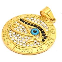 Warvik Egypt Eye Horus CZ Stone Tag Pendant Ancient Letter Necklace Gold Color, Stainless Steel Jewelry Men Women Wheat Chain 20/28 Inch