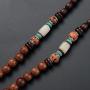 Handcrafted Boho Wood Bead Necklace with Horn Shaped Metal Pendant Embedded Polymer Clay Jewelry, Long Tribal Ethnic Style
