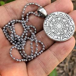 Astrology Jewelry Wheel of Zodiac Talisman Horoscope Gypsy Magic Psychic Fortune Teller Pagan Pewter Womens Mens Pendant Necklace Good luck Charm Protection Amulet for men women Silver Ball Chain