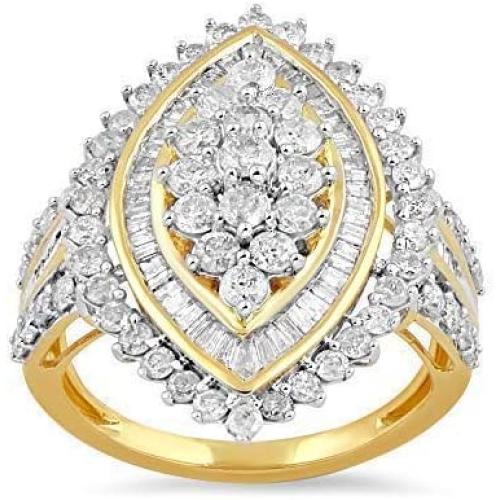 Jewelili 10kt Yellow Gold 2cttw Baguette and Round Diamond Ring