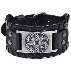 Viking Bracelet Adjustable Bangle - Mens Leather Bracelet Handmade with Nordic Amulet - Celtic Pagan Jewelry of Talisman (Kolovrat Silver)