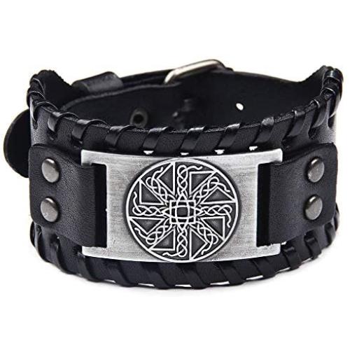 Viking Bracelet Adjustable Bangle - Mens Leather Bracelet Handmade with Nordic Amulet - Celtic Pagan Jewelry of Talisman (Kolovrat Silver)