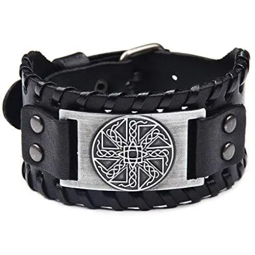 Viking Bracelet Adjustable Bangle - Mens Leather Bracelet Handmade with Nordic Amulet - Celtic Pagan Jewelry of Talisman (Kolovrat Silver) Viking Bracelet Adjustable Bangle - Mens Leather Bracelet Handmade with Nordic Amulet - Celtic Pagan Jewelry of Talisman (Kolovrat Silver)