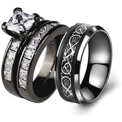 Couple Ring Bridal Sets His Hers Women Black Gold Plated Square CZ Men Stainless Steel Band Wedding Ring Band Set