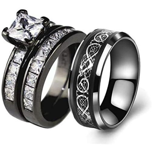 Couple Ring Bridal Sets His Hers Women Black Gold Plated Square CZ Men Stainless Steel Band Wedding Ring Band Set