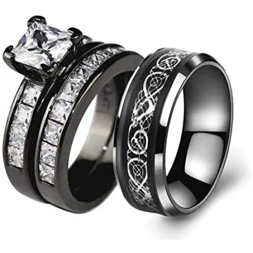 Couple Ring Bridal Sets His Hers Women Black Gold Plated Square CZ Men Stainless Steel Band Wedding Ring Band Set