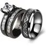 Couple Ring Bridal Sets His Hers Women Black Gold Plated Square CZ Men Stainless Steel Band Wedding Ring Band Set
